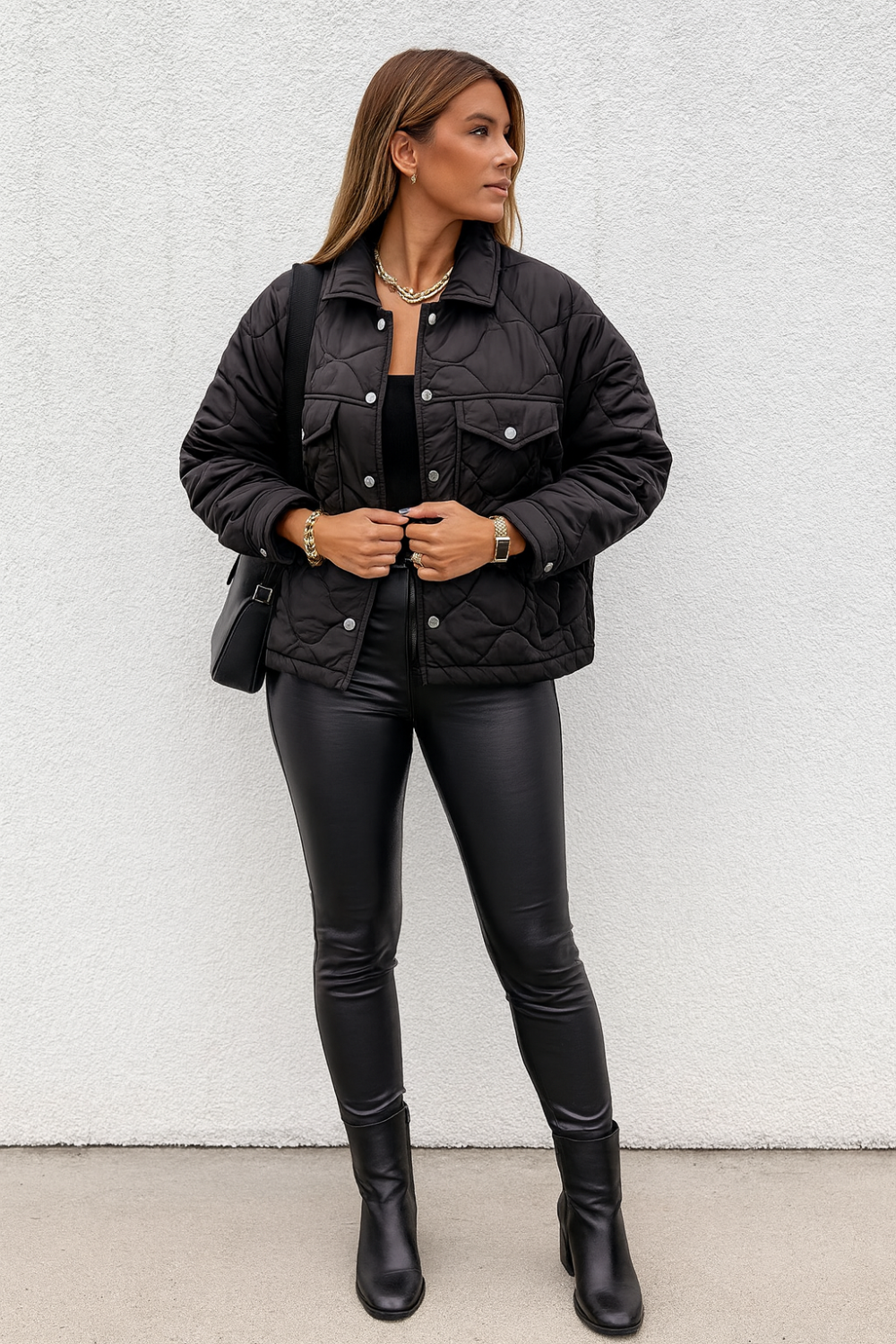 Jacket, quilted, snap-down, pocketed, collared, lined, long sleeve, snap cuffs, no stretch, front view