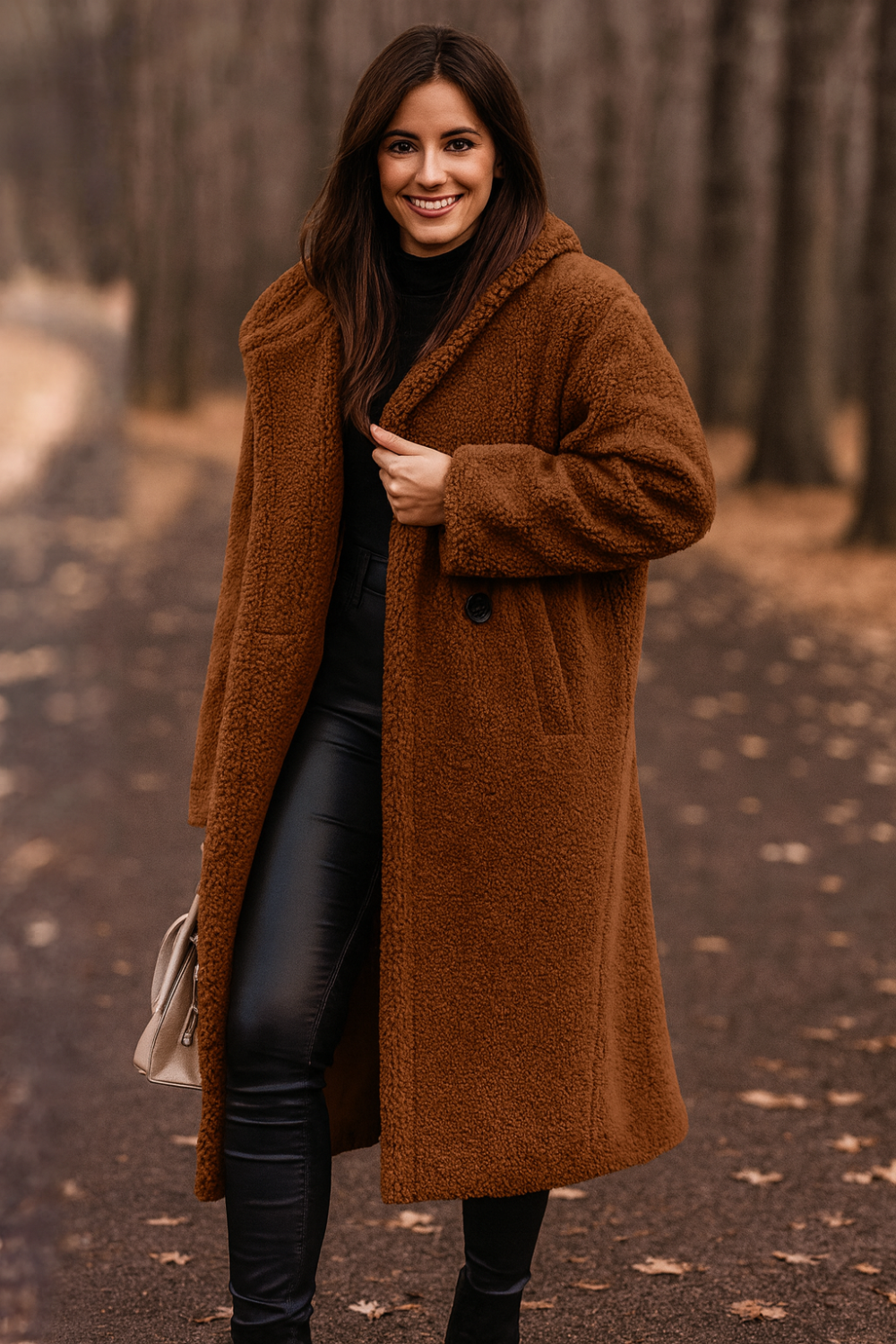 coat, longline, lined, hooded, buttoned, pocketed, thick, oversized, slightly stretchy, front view