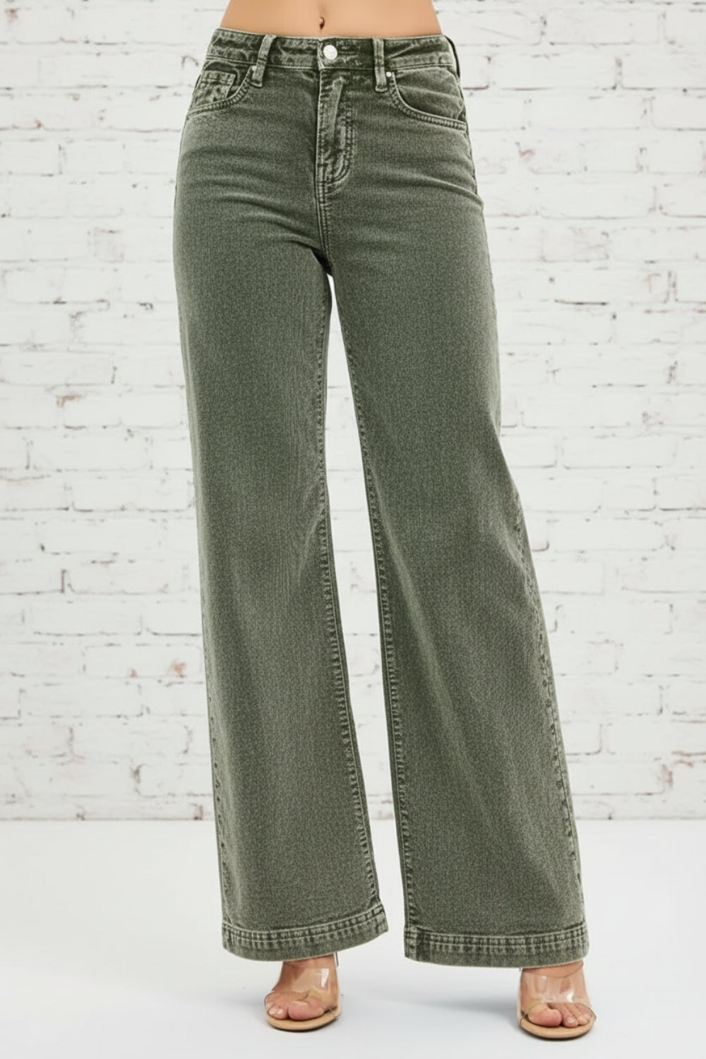 Risen Jeans, corduroy, washed, full-size, high-rise, wide leg, belt loops, button/zipper closure, pocketed, slightly stretchy, front view
