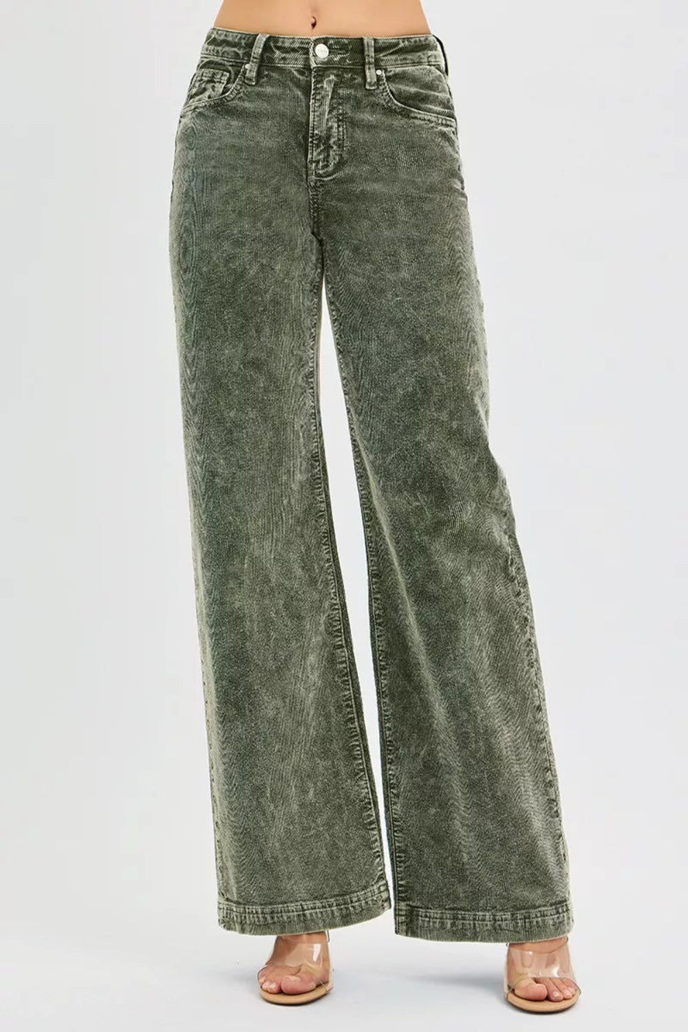Risen Jeans, corduroy, washed, full-size, high-rise, wide leg, belt loops, button/zipper closure, pocketed, slightly stretchy, front view
