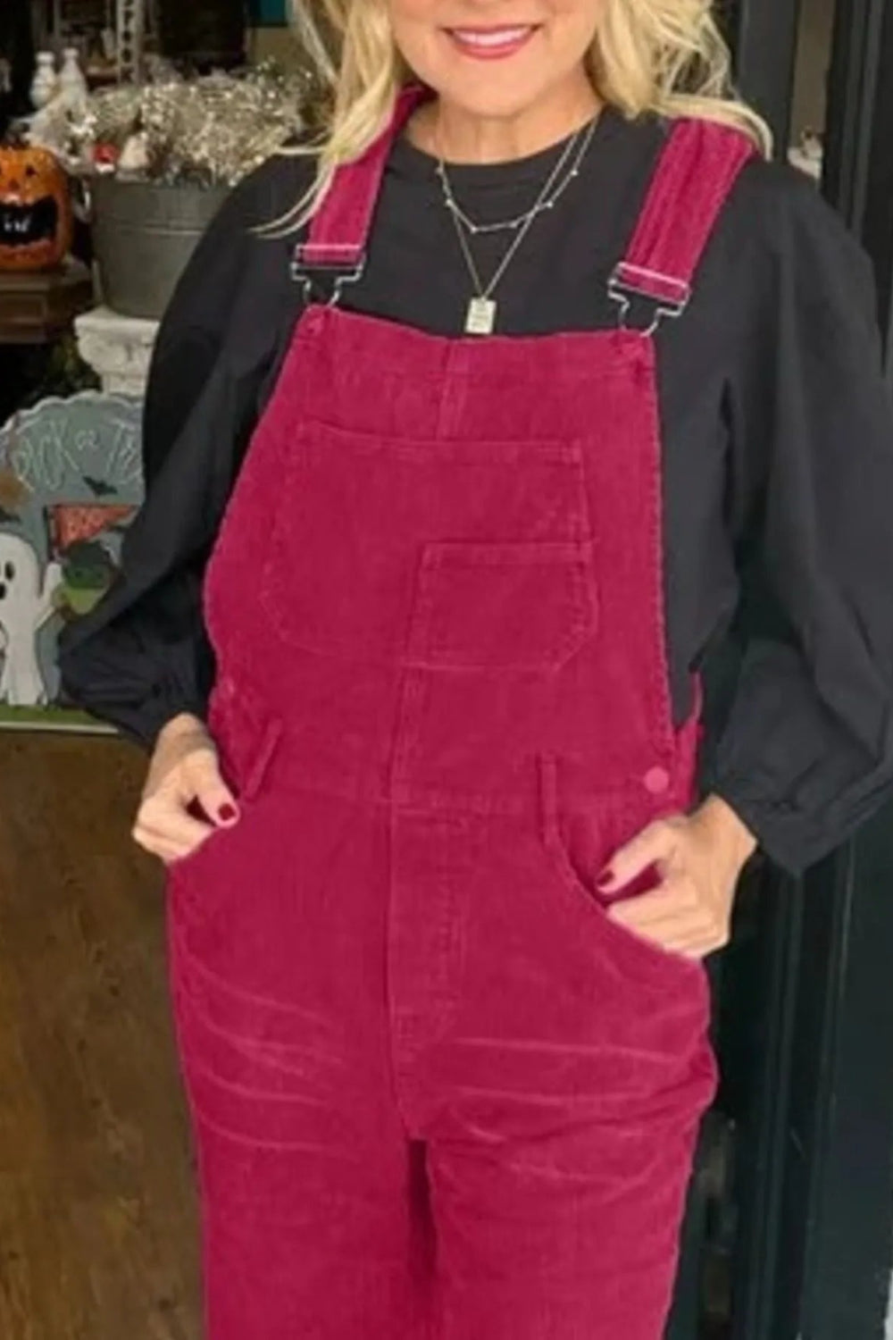 Overalls, corduroy, distressed, straight leg, pocketed, frayed hem, button clasp, no stretch, comes in several colors front view
