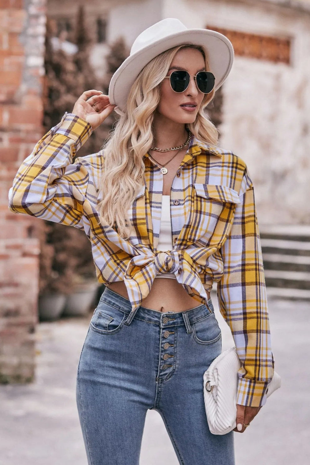 Long sleeve shirt, plaid, collared, pocketed, buttoned, oversized, drop shoulder, no stretch, many colors, front view