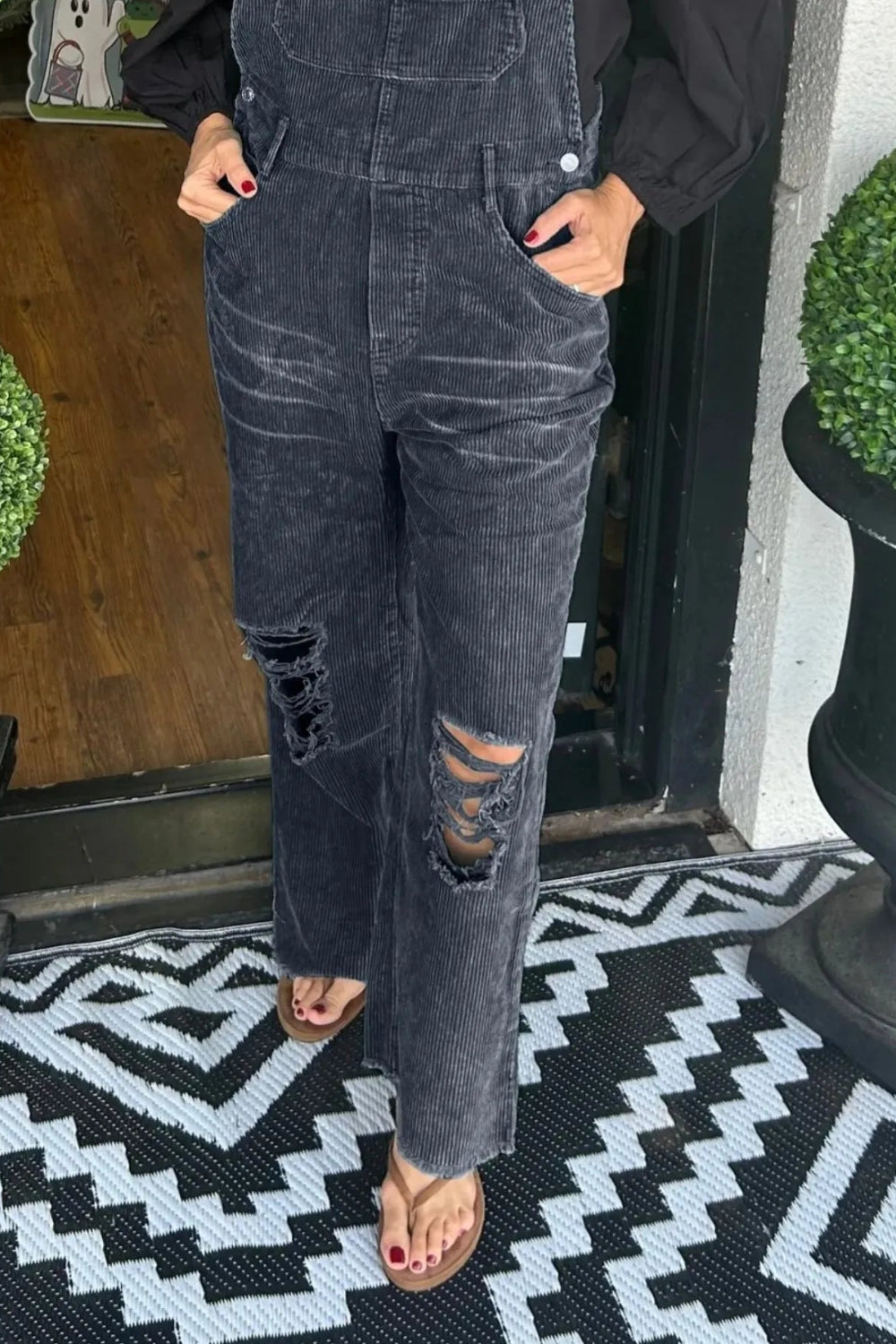 Overalls, corduroy, distressed, straight leg, pocketed, frayed hem, button clasp, no stretch, comes in several colors front view