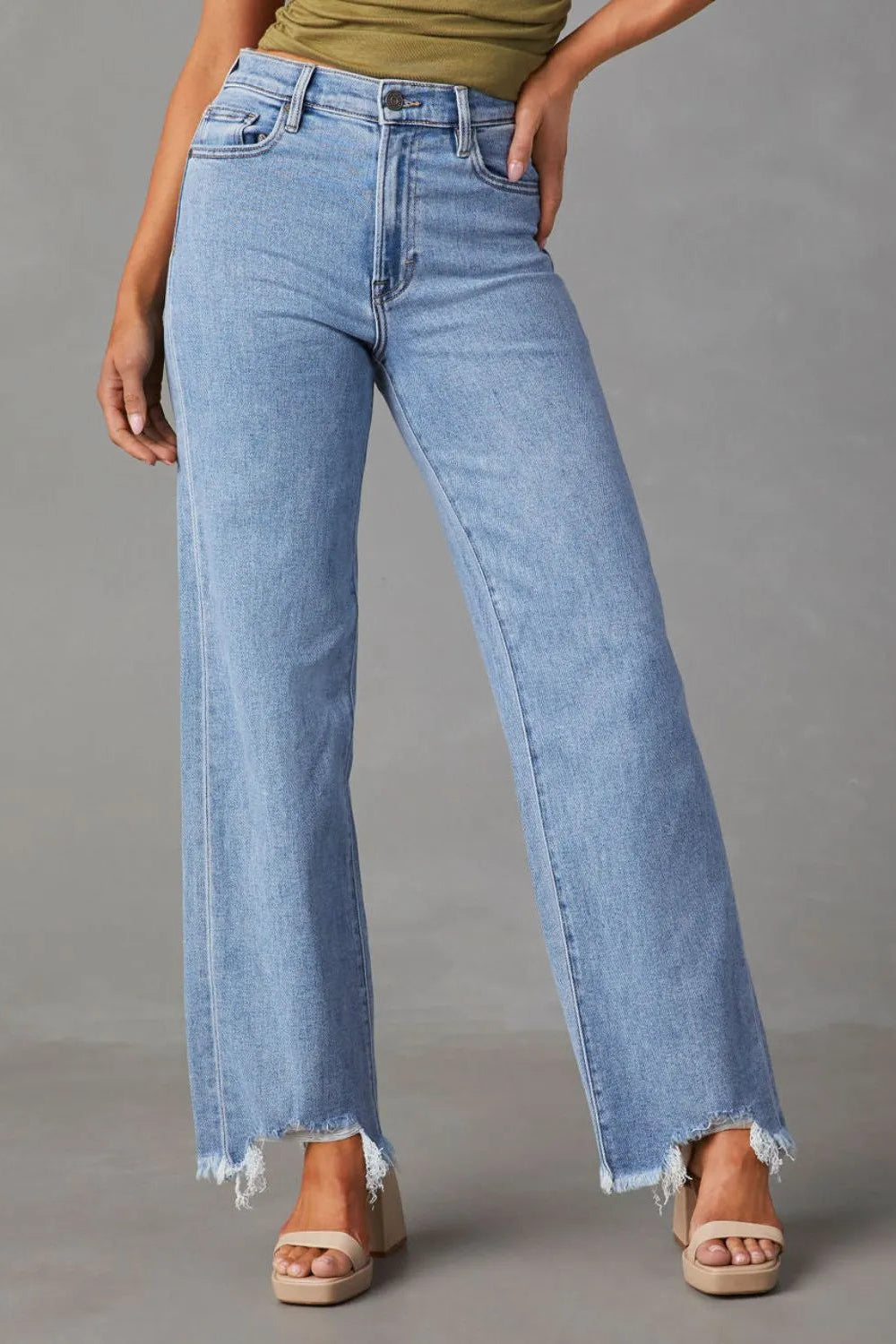 Jeans, high-waist, straight leg, 5 pocket design, light wash, raw hem, destroyed, button/zipper closure, belt loops, slightly stretchy, front view