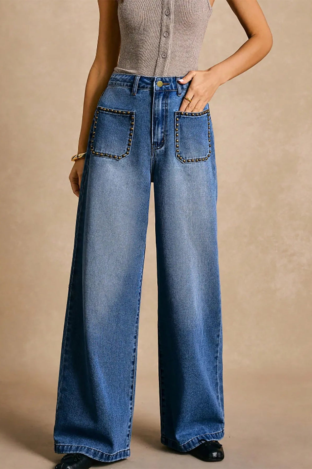 Jeans, high-waist, wide leg, front patch pockets, brads, pocketed, belt loops, button/zipper closure, medium vintage wash, slightly stretchy, front view
