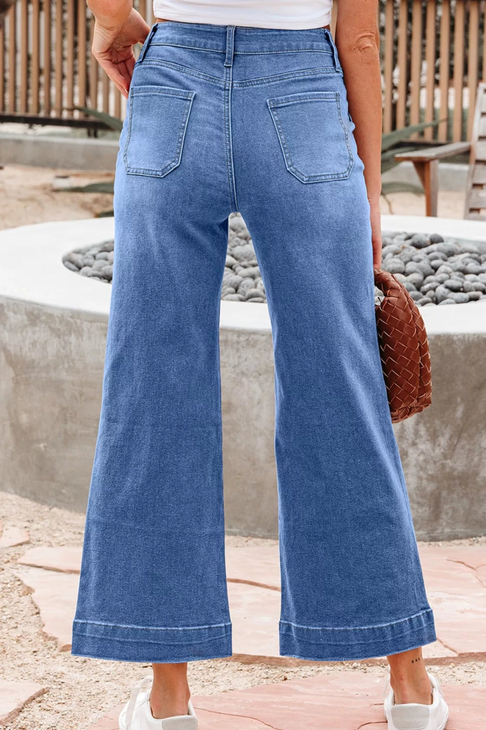 Jeans, wide leg, high-rise, flared, medium wash, cropped, button/zipper closure, belt loops, pocketed, wide hem, stretchy, back view