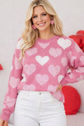 sweater, pullover, long sleeve, round neck, ribbed neck, cuffs and hem, heart print with pearl accents, drop shoulder, fuzzy texture, medium length, slightly stretchy, front view