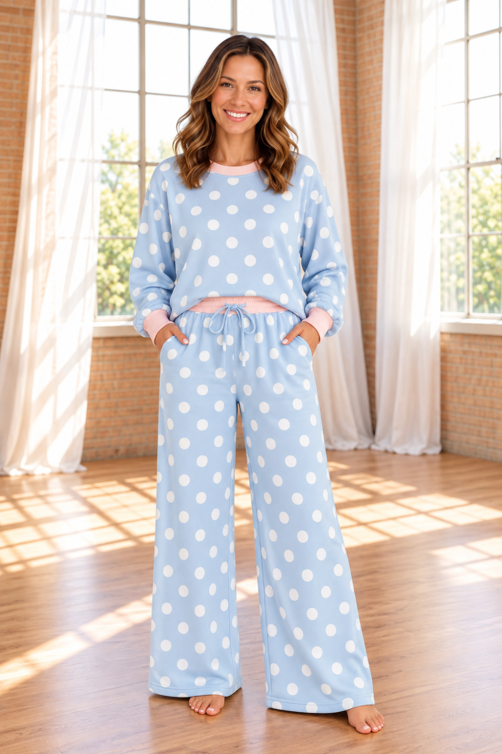* Two-piece pant set
* Polka dot print
* Round neck
* Long sleeve
* Drop shoulder
* Contrast trim
* High-waist
* Elastic waist
* Drawstring
* Pocketed
* Relaxed fit
* Stretchy