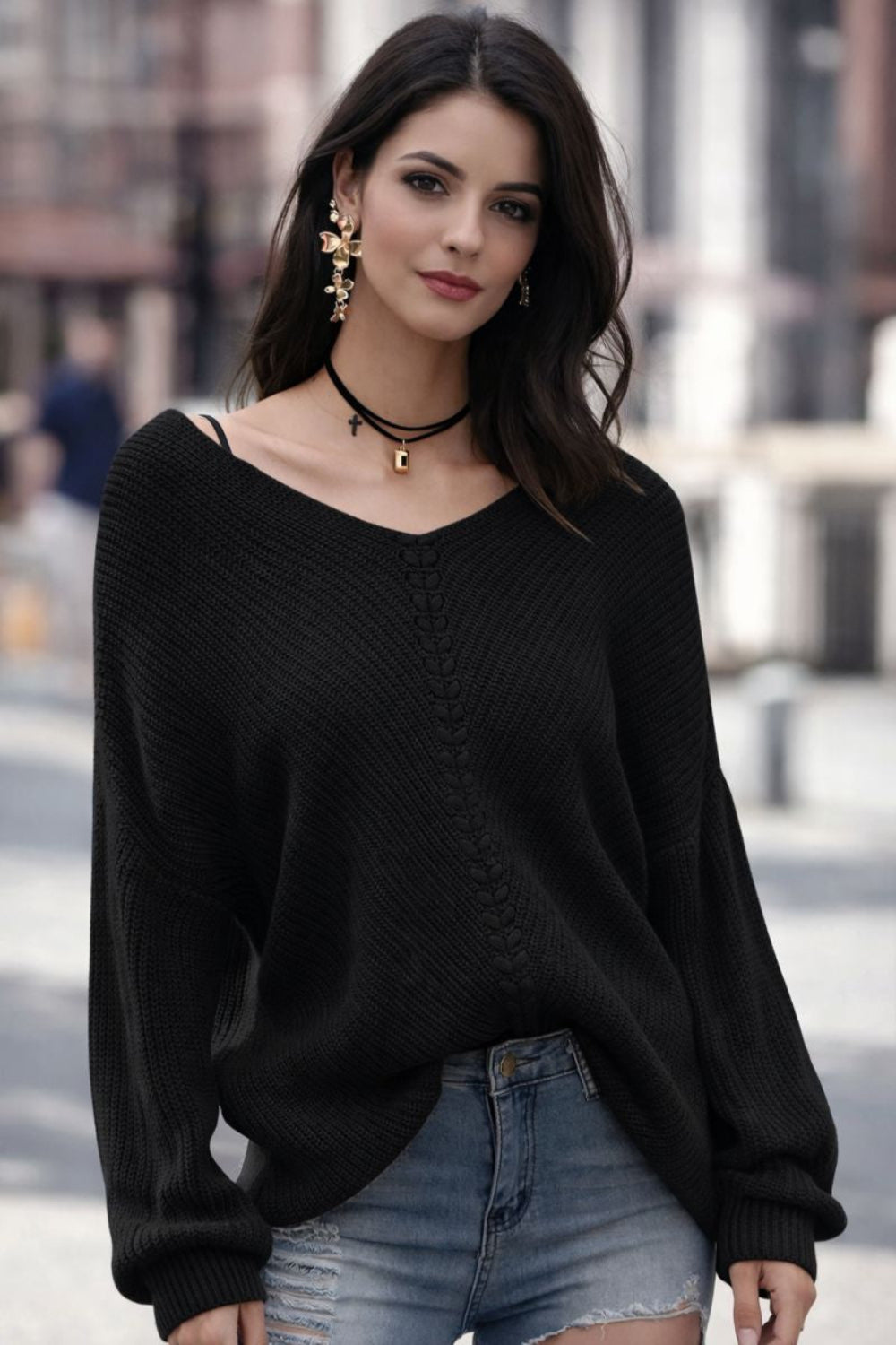 sweater, pullover, long sleeve, drop shoulder, v-neck, ribbed, knit, front lace detail, oversized, slightly stretchy, front view