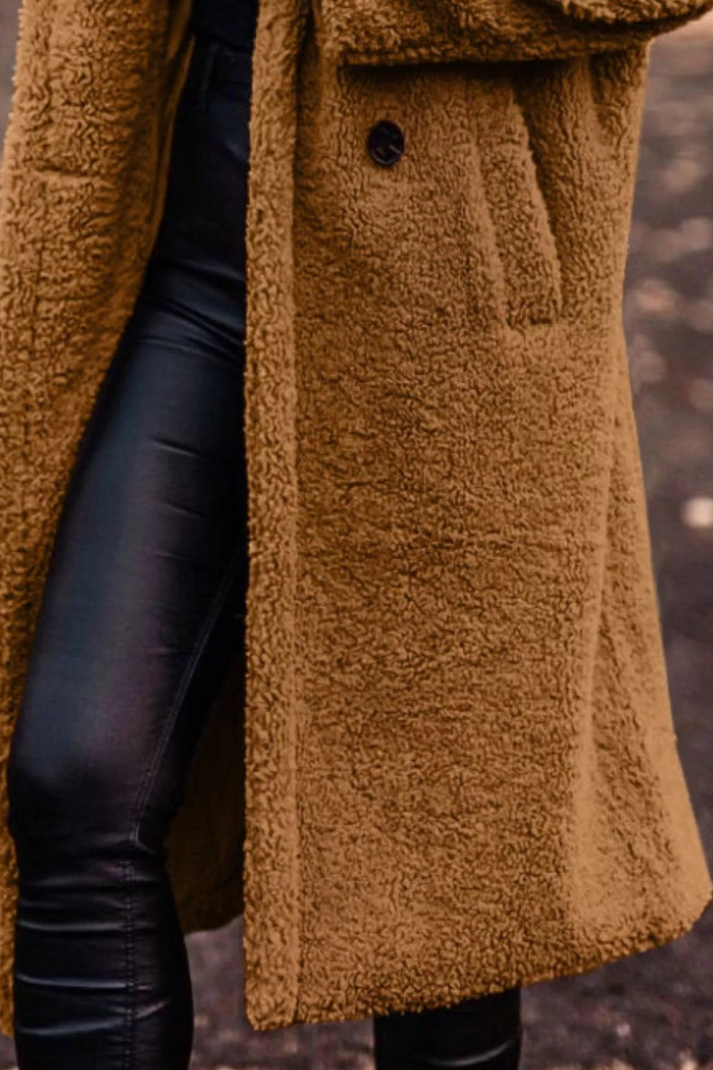 coat, longline, lined, hooded, buttoned, pocketed, thick, oversized, slightly stretchy, close up view