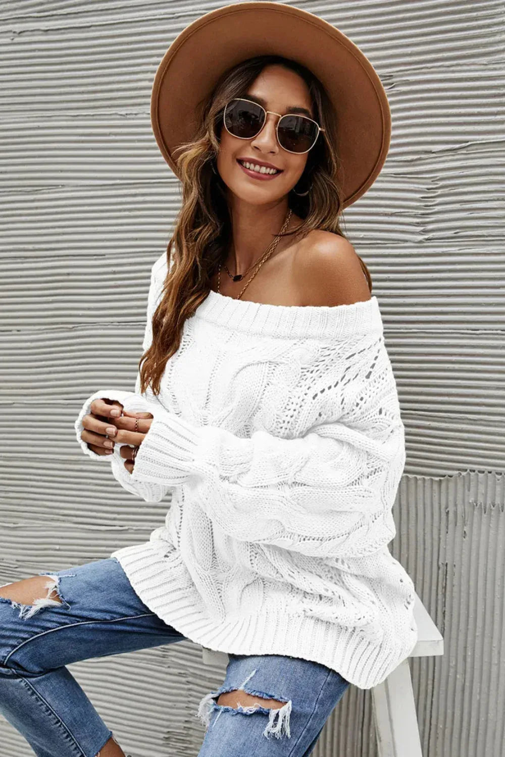 Sweater, pullover, long sleeve, off-shoulder, drop sleeve, cable knit, openwork, oversized, stretchy, front view
