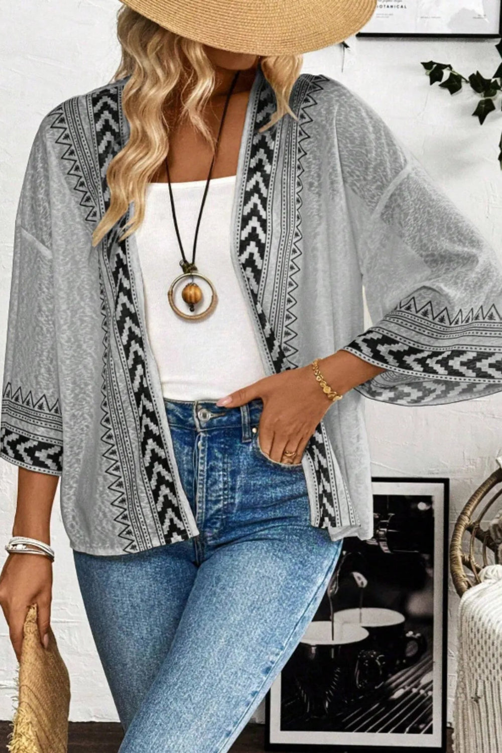 Cardigan, open front, wide sleeve, drop shoulder, sheer, geometric print, sits below the waist, no stretch front view