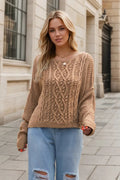 Sweater, pullover, long sleeve, drop shoulder, exposed seam, cable-knit, wide neck, stretchy front view