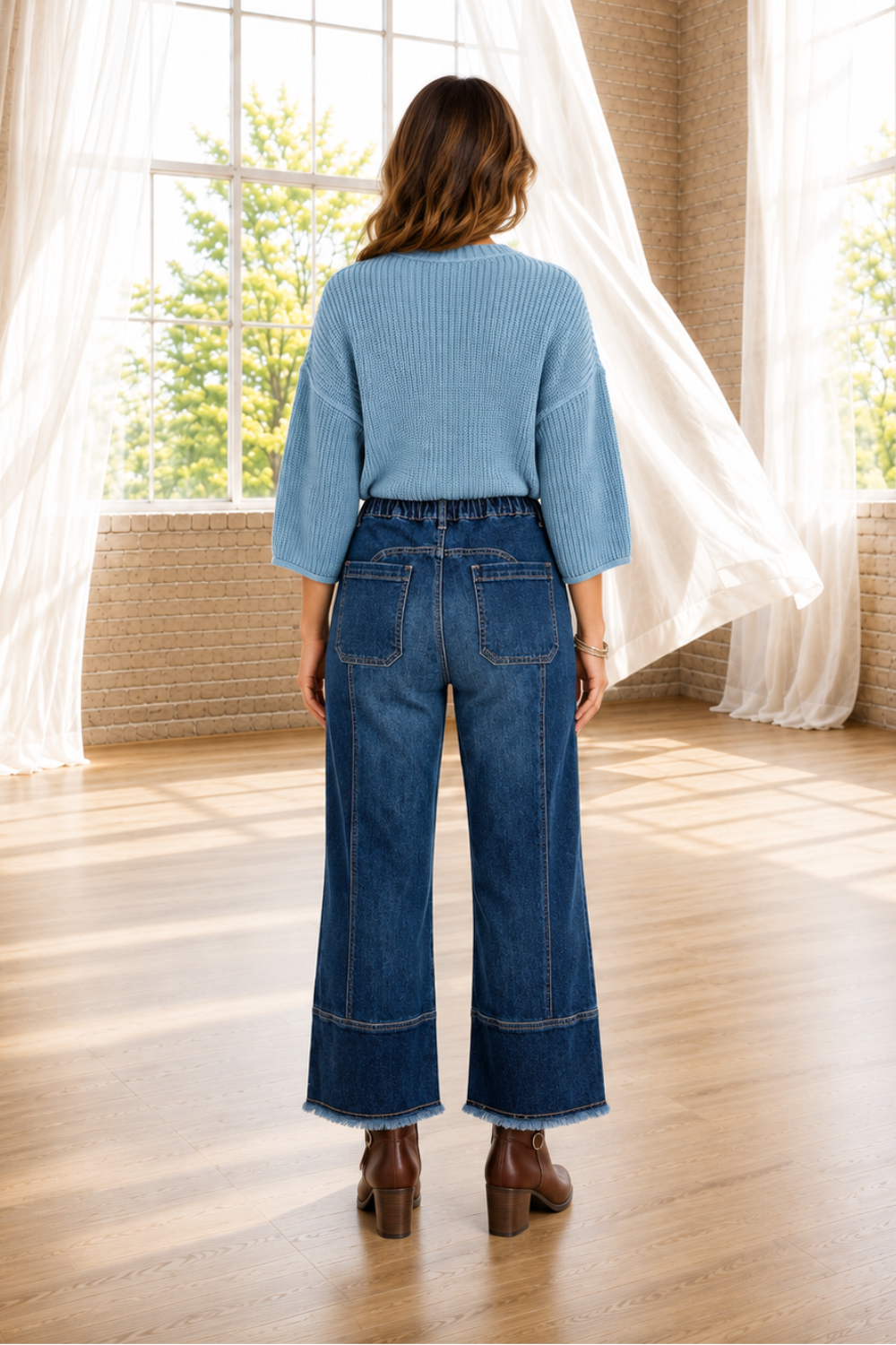 * Jeans
* Pocketed
* Elastic waist
* Drawstring
* Belt loops
* Dark vintage wash
* Raw hem
* Seam detail
* Wide leg
* Cropped
* Slightly stretchy