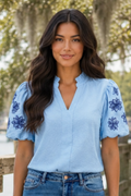 * Pullover
* V-neck
* Flower embroidered puff sleeve
* Textured
* Frill
* No stretch