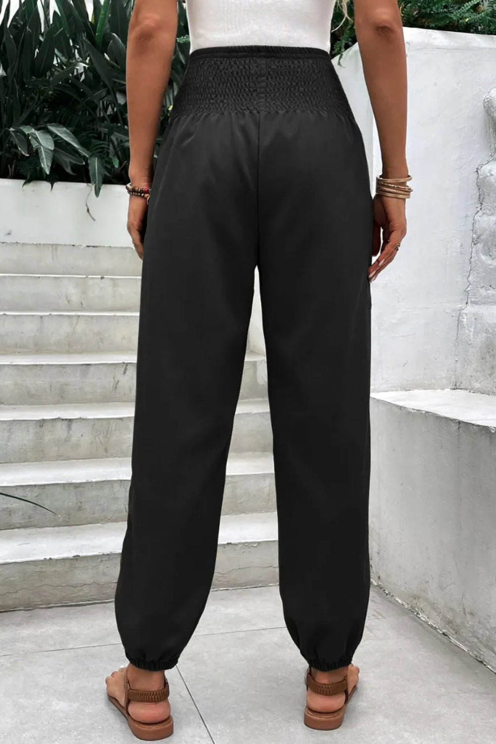 Joggers, high-waist, no drawstring, shirred, pocketed, opaque, slightly stretchy back view