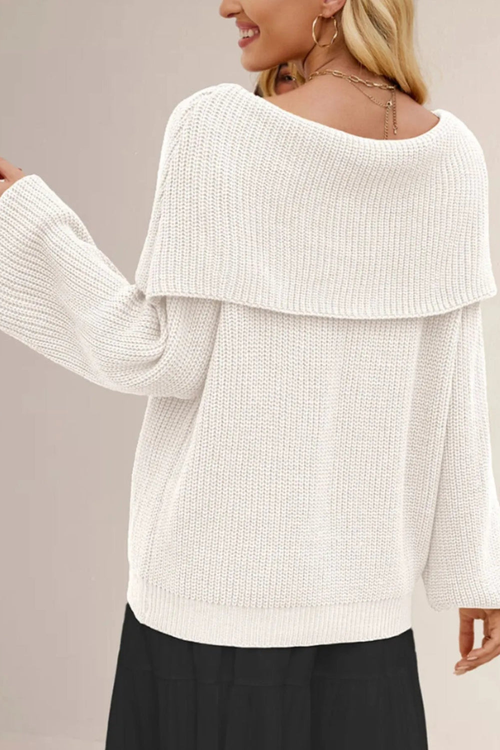 Sweater, pullover, fold over collar, long sleeve, oversized, ribbed knit, slightly stretchy, back view
