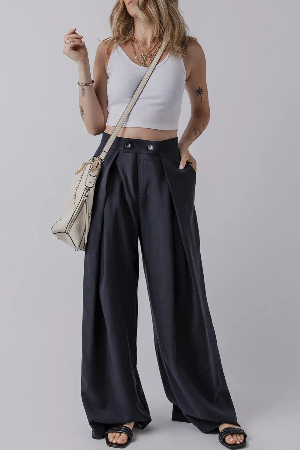 Pants, double button and zipper closure, large pleats, pocketed, wide leg, long, opaque, no stretch