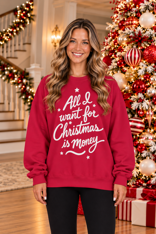 Shop the All I Want For Christmas Is Money Graphic Sweatshirt in vibrant red with white stars and charming winter lettering.