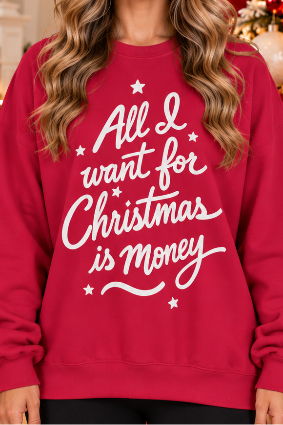 Shop the All I Want For Christmas Is Money Graphic Sweatshirt in vibrant red with white stars and charming winter lettering.