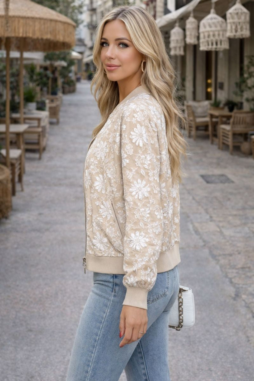 Jacket, floral print, zipper closure, ribbed, unlined, pocketed, no stretch, side view
