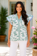 * V-neck
* Flutter sleeve
* Contrast trim
* Ruffled
* No stretch
