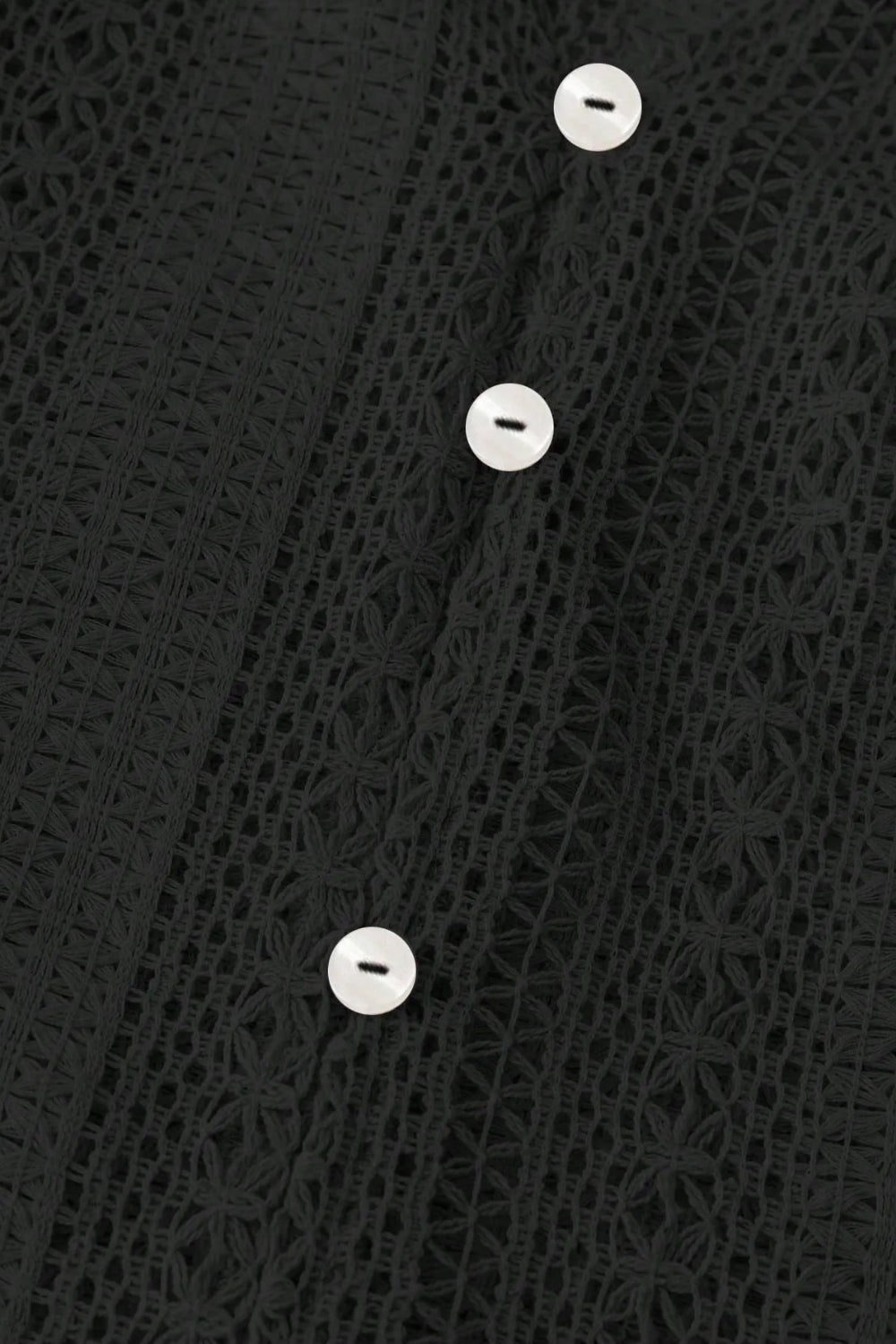 Shirt, long sleeve, crochet, ruffled v-neck, buttoned, unlined, slightly stretchy, close up view