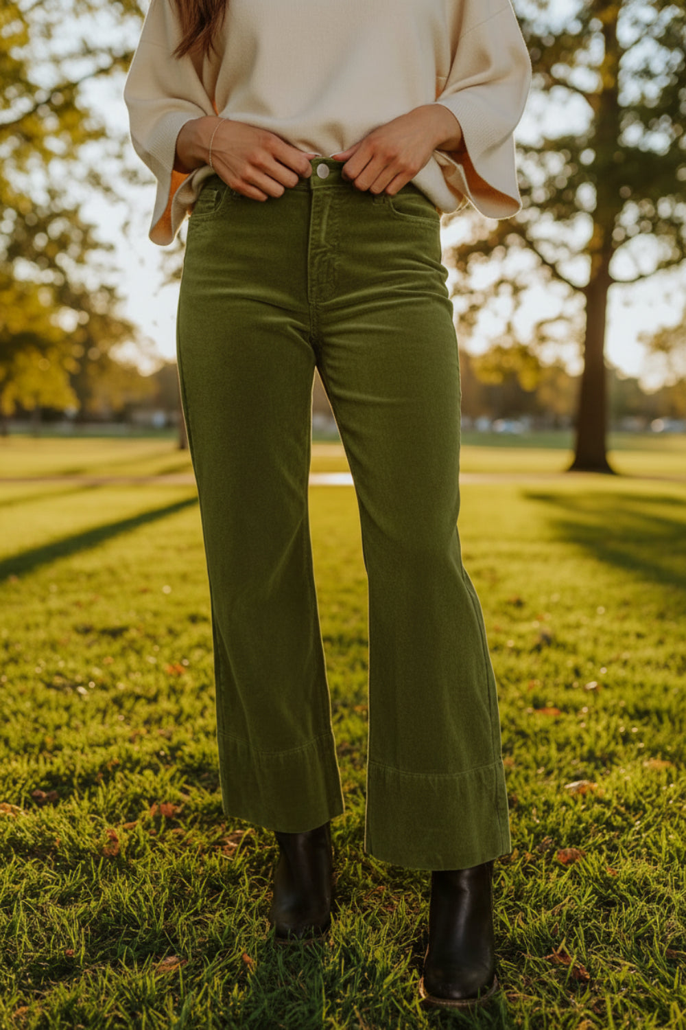 Pants, corduroy, high waist, wide leg, pocketed, belt loops, button/zipper closure, some stretch, front view
