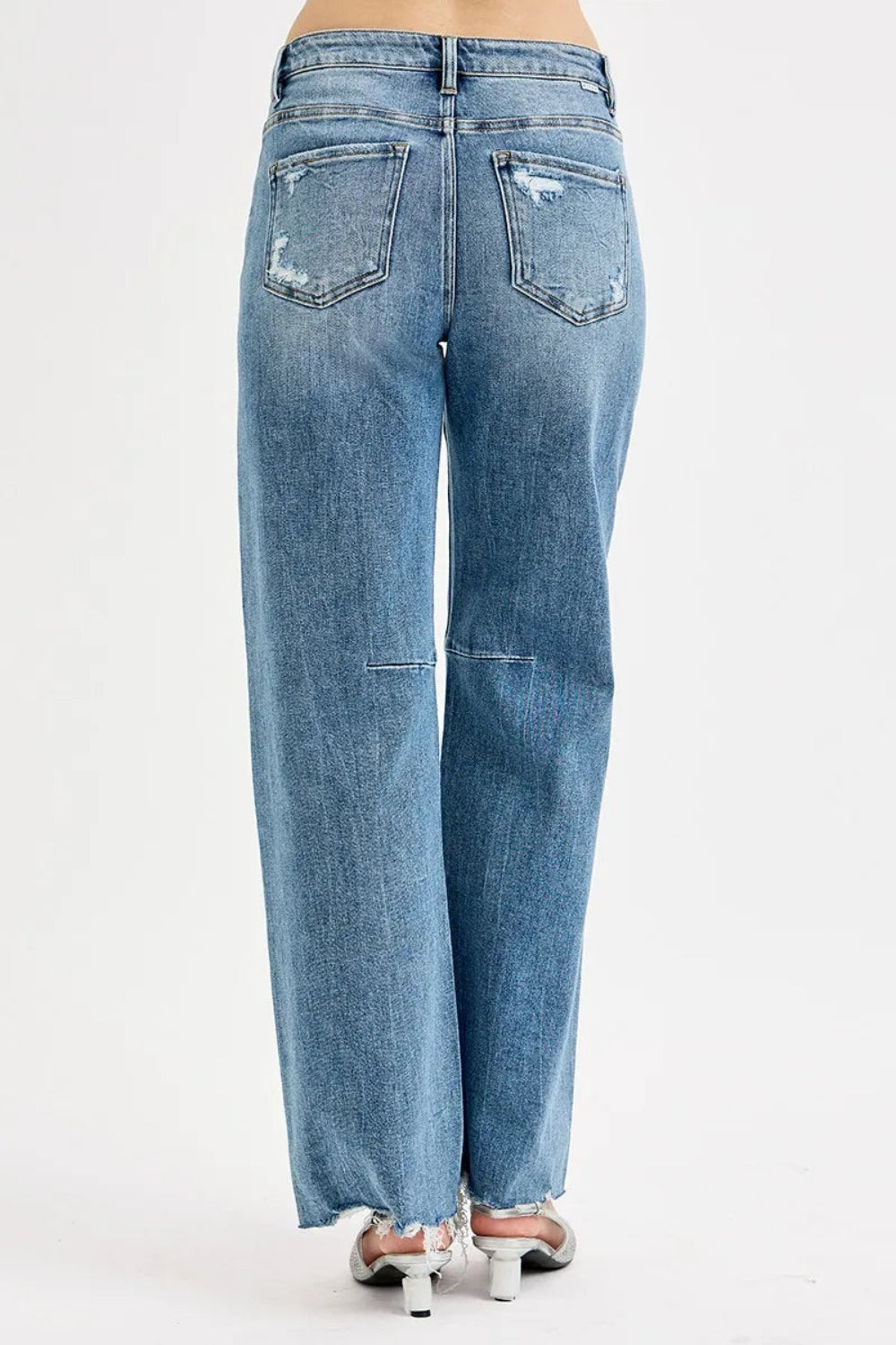 Risen Jeans, full-size, mid-rise, wide, baggy leg, distressed, darted, raw hem, belt loops, button/zipper closure, pocketed, slightly stretchy, back view