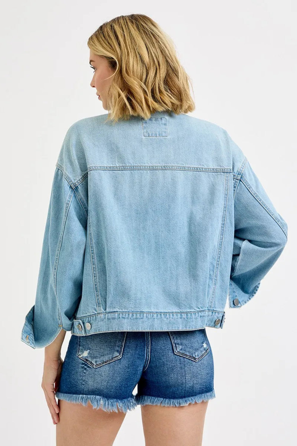 Denim jacket, oversized, pocketed, washed, buttoned, long sleeve, no stretch back view
