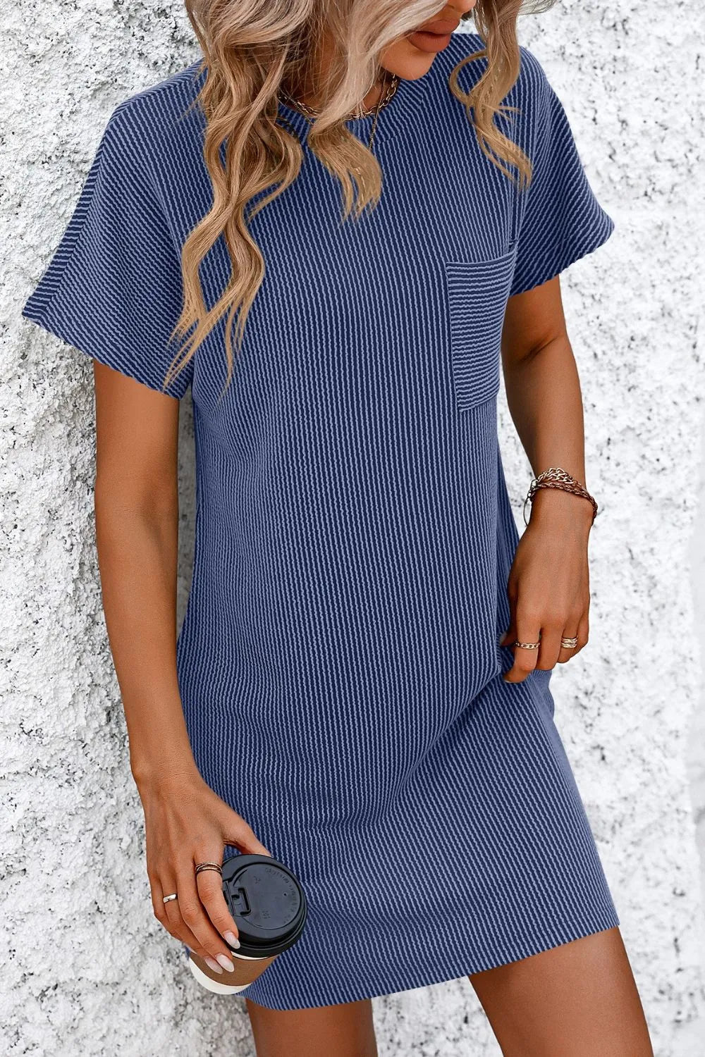 T-shirt dress, mini, round neck, short sleeve, ribbed, front pocket, opaque, unlined, moderate stretch front view