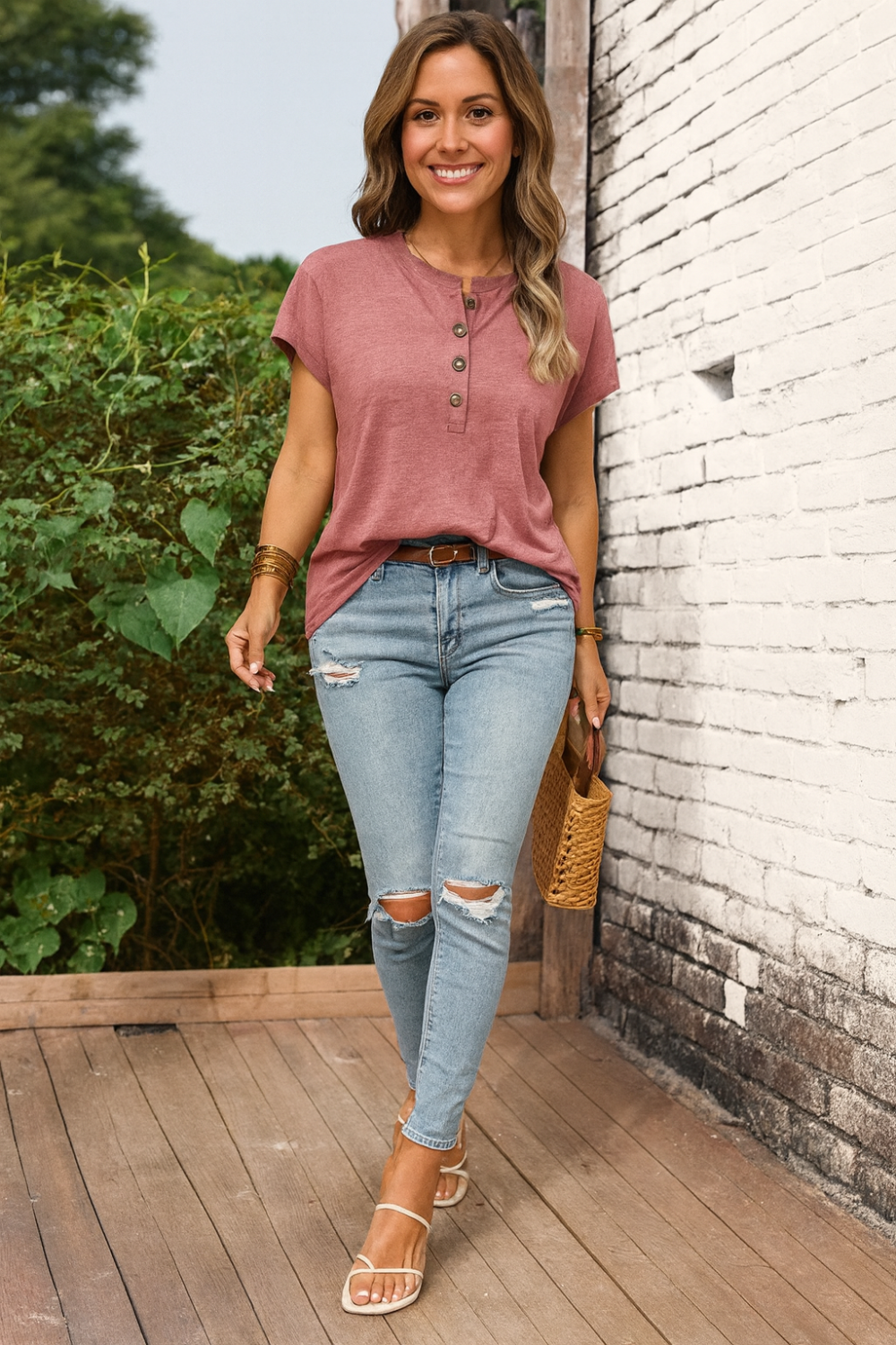 Blouse, short sleeve, pullover, round neck, half buttoned, opaque, no stretch, front view