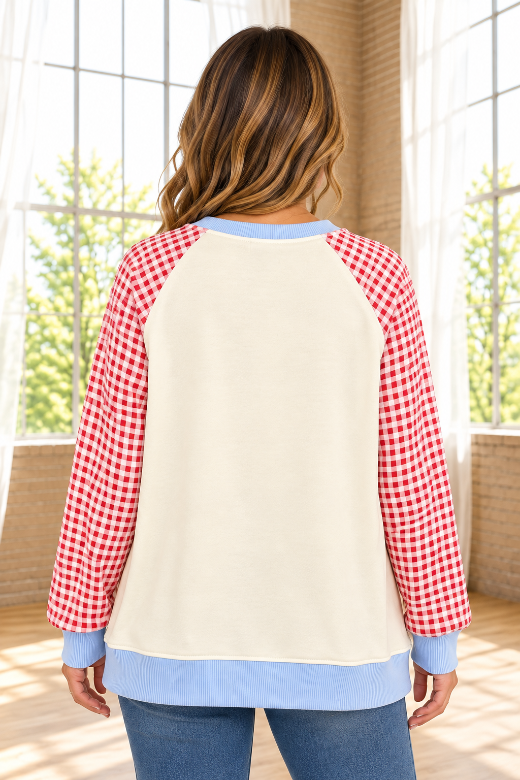 Day Dreaming Sweatshirt in cream with red gingham raglan sleeves and light blue ribbed trim, shown from the back
