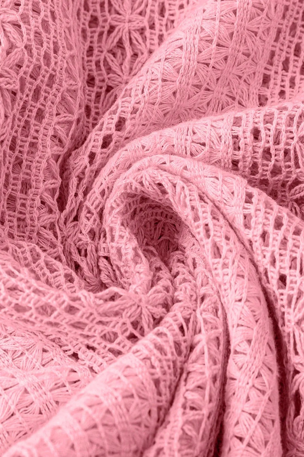 Shirt, long sleeve, crochet, ruffled v-neck, buttoned, unlined, slightly stretchy, close up view