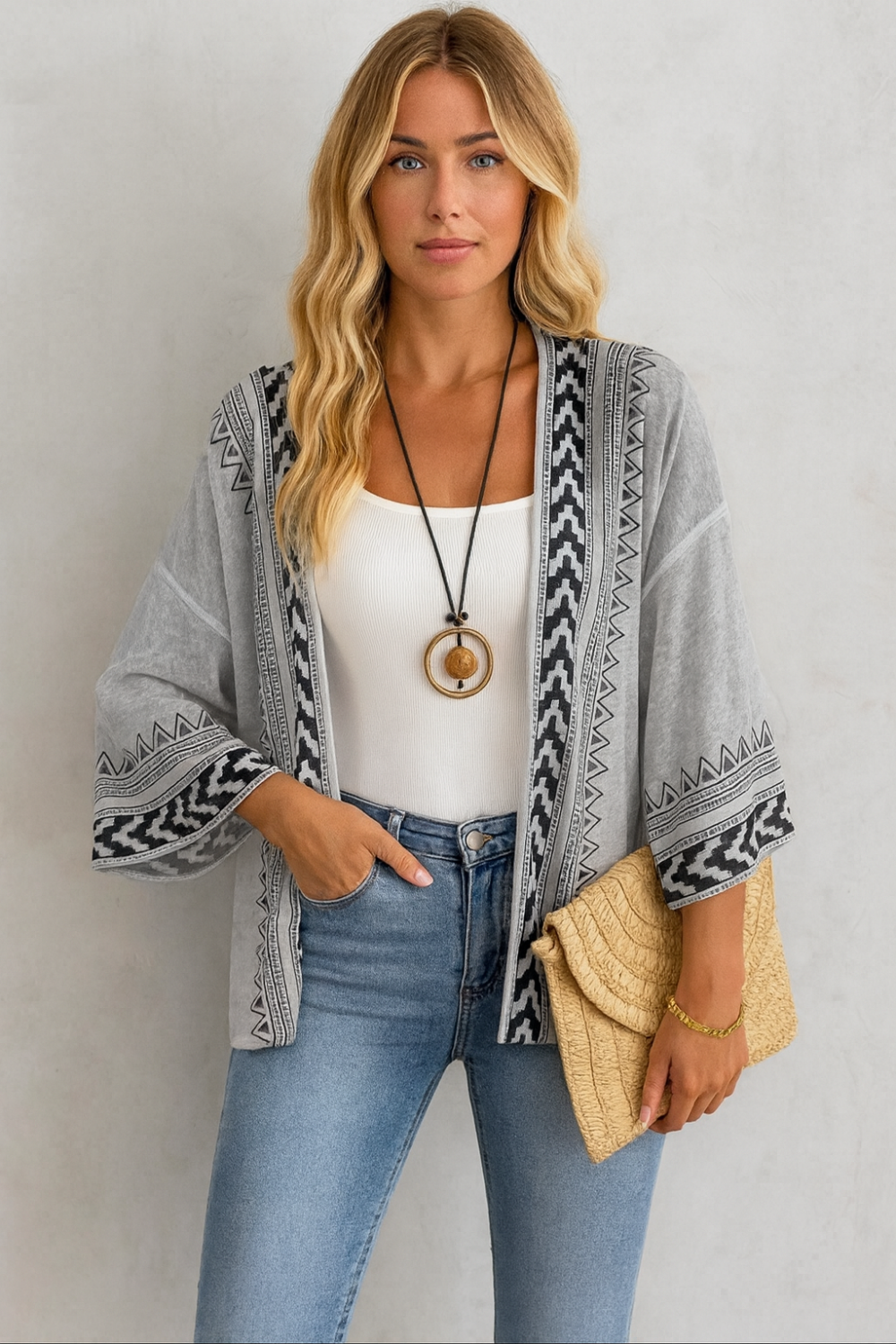 Cardigan, open front, wide sleeve, drop shoulder, sheer, geometric print, sits below the waist, no stretch front view