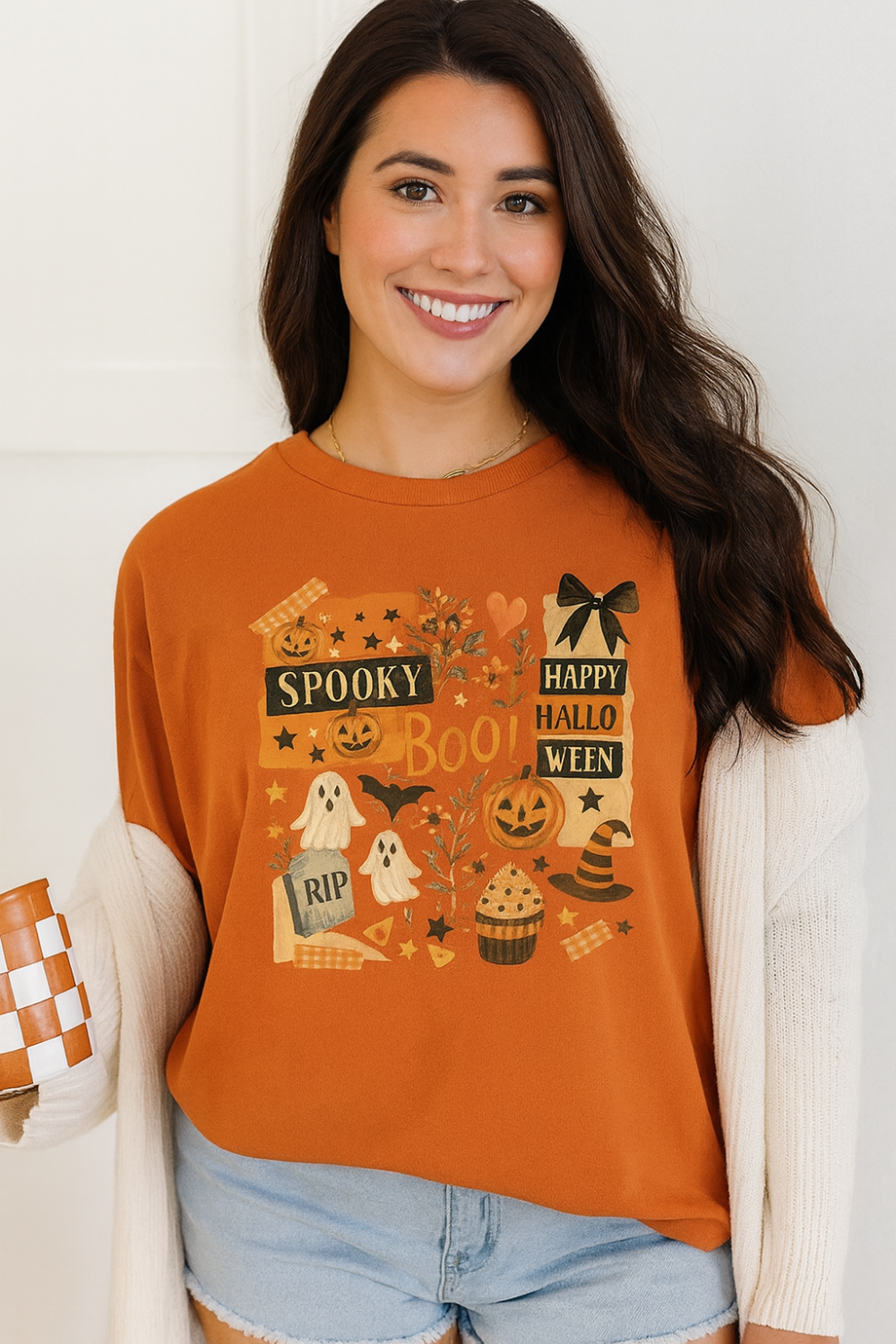 T-shirt, graphic, short sleeve, crew neck, DTF print, Halloween Collage Print, stretchy front view