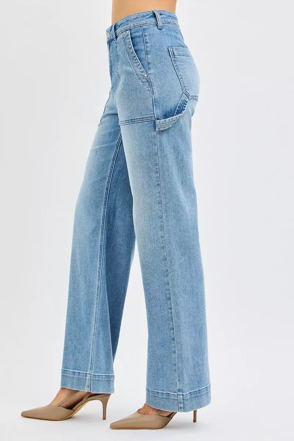Risen Jeans, full-size, high-rise, straight let, light wash, front patch pockets, back pockets, long hem, button/zipper closure, belt loops, hammer loops on side, slightly stretchy, side view
