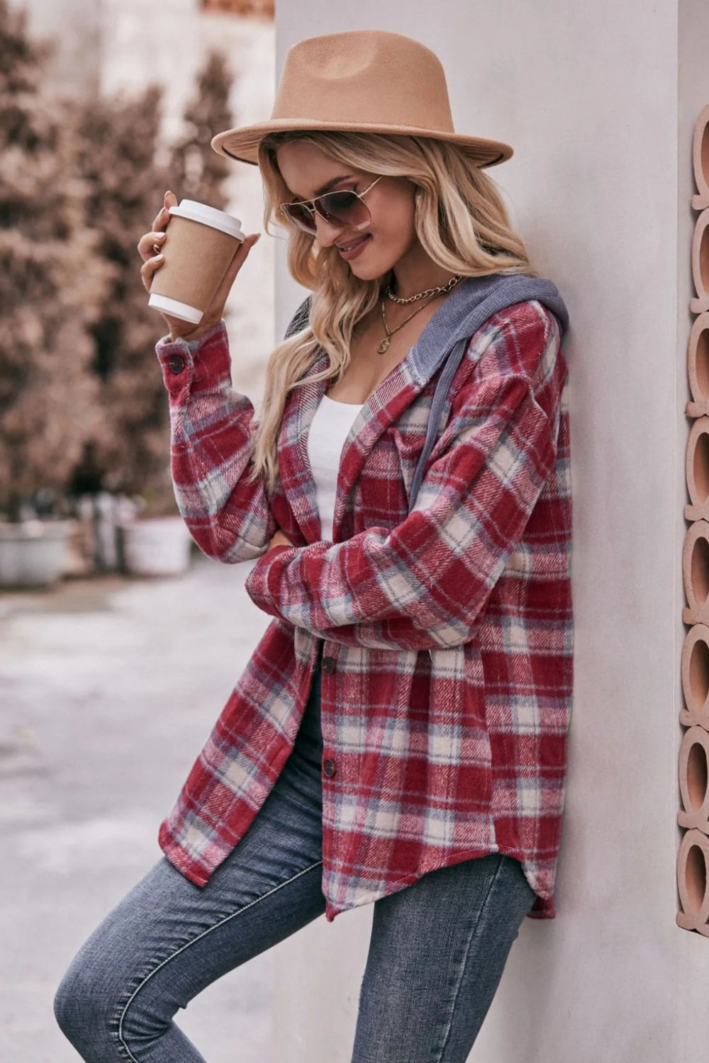 Plaid shacket, hoodie, drawstring, long sleeve, drop shoulder, buttoned, front patch pocket, pleated and buttoned cuffs, rounded hem, unlined, lightweight, no stretch, side view