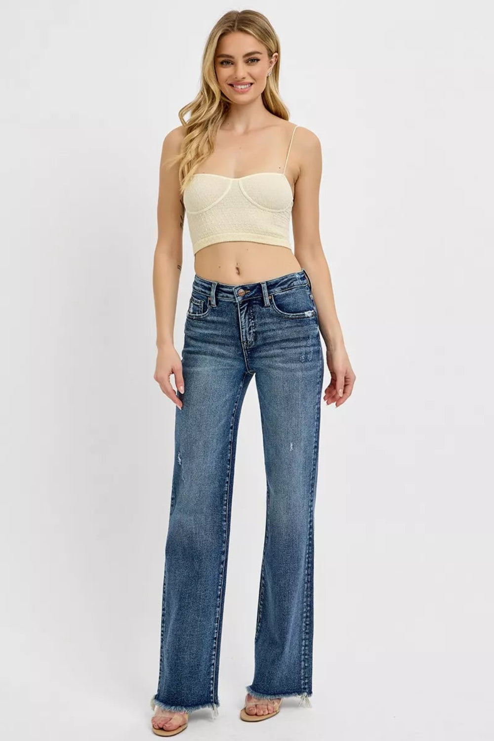 Risen Jeans, full-size, high-rise, distressed, raw hem, long, straight leg, dark wash, button/zipper closure, belt loops, pocketed, slightly stretchy, front view
