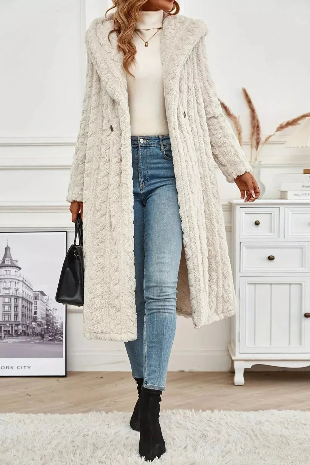 Longline coat, hooded, buttoned, pocketed, thick, lined, oversized, cable-knit design, some stretch, front view