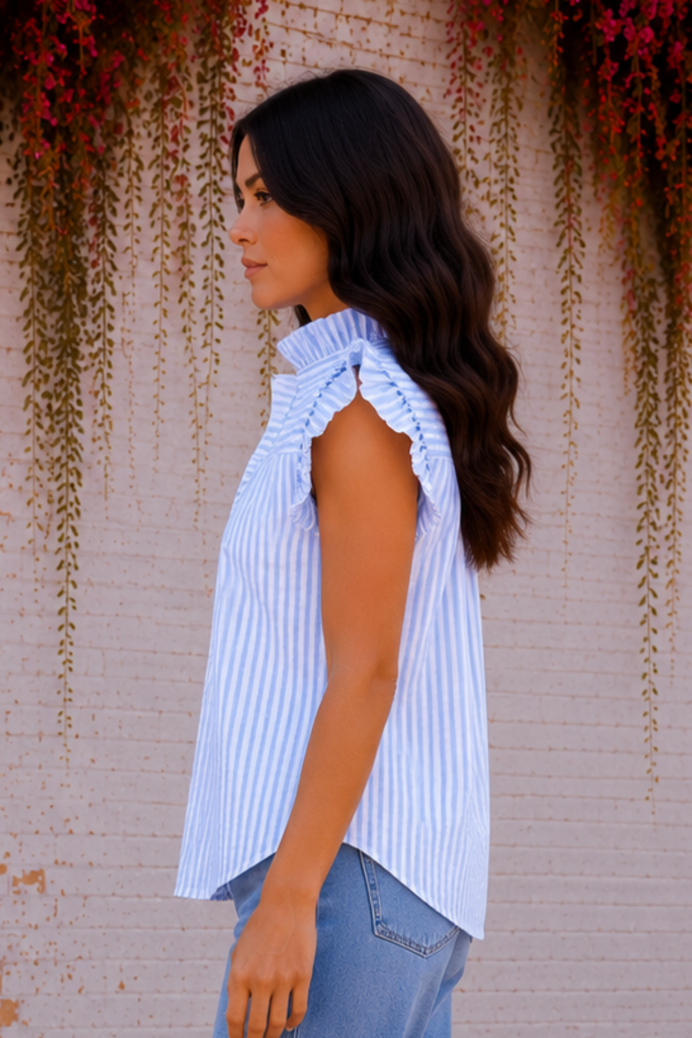 * Ruffled neck
* Flutter sleeve
* Buttoned
* Lace detail
* Textured
* Striped
* No stretch