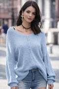 sweater, pullover, long sleeve, drop shoulder, v-neck, ribbed, knit, front lace detail, oversized, slightly stretchy, front view
