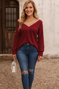 top, long sleeve, drop shoulder, v-neck, pullover, decorative buttons, straight hem, comes in many colors, stretchy, front view