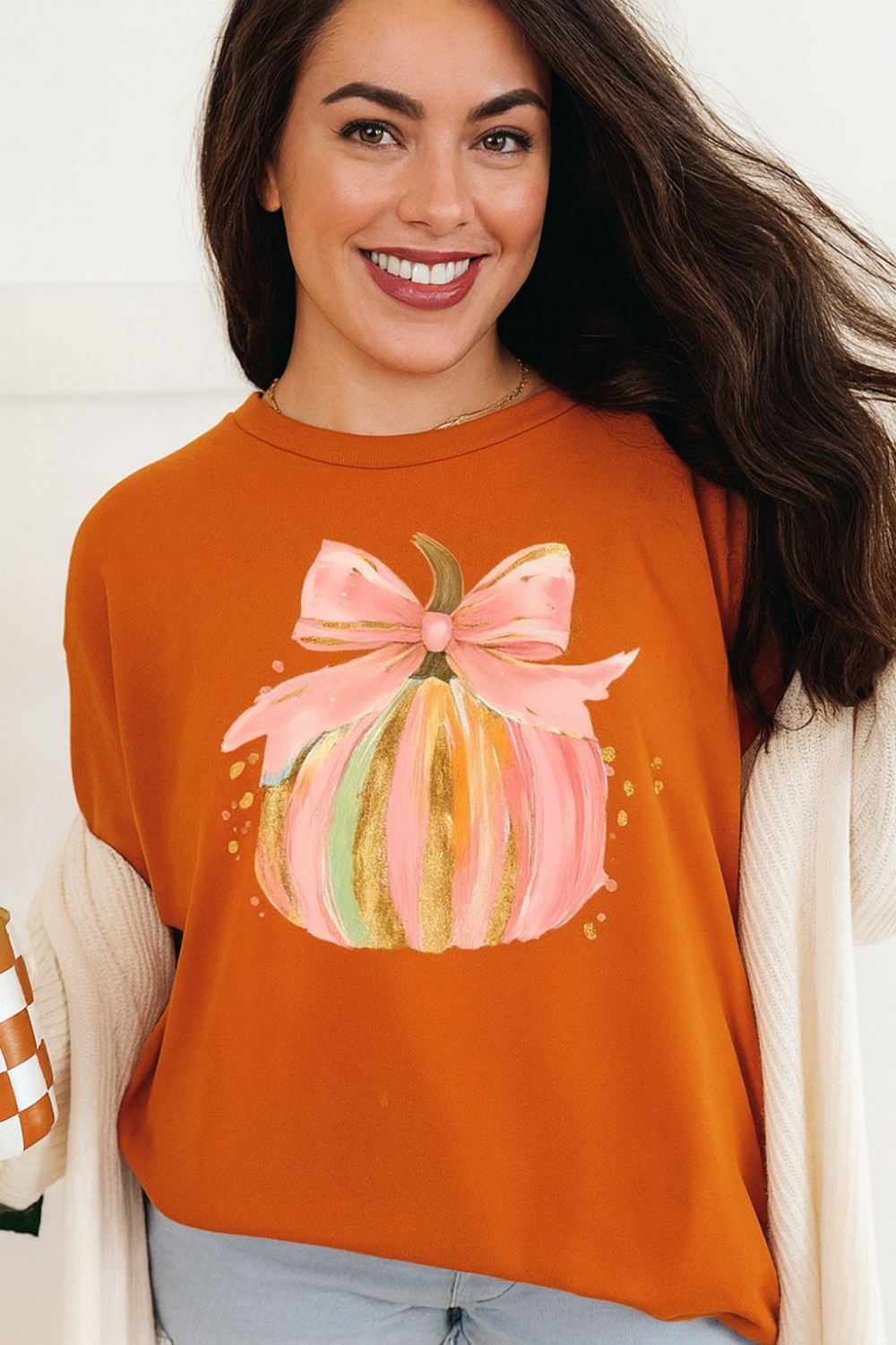 Graphic T-shirt , short sleeve, crew neck, pullover, DTF print, brushstroke pumpkin, slightly stretchy, front view