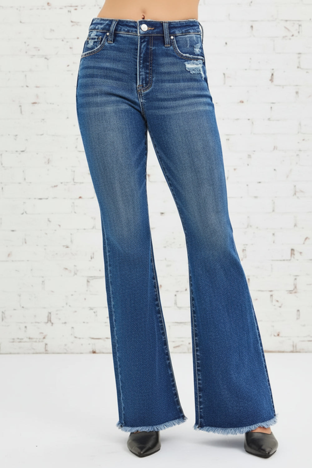 Risen Jeans, high-rise, flared, distressed, raw hem, belt loops, pocketed, button/zipper closure, slightly stretchy, front view