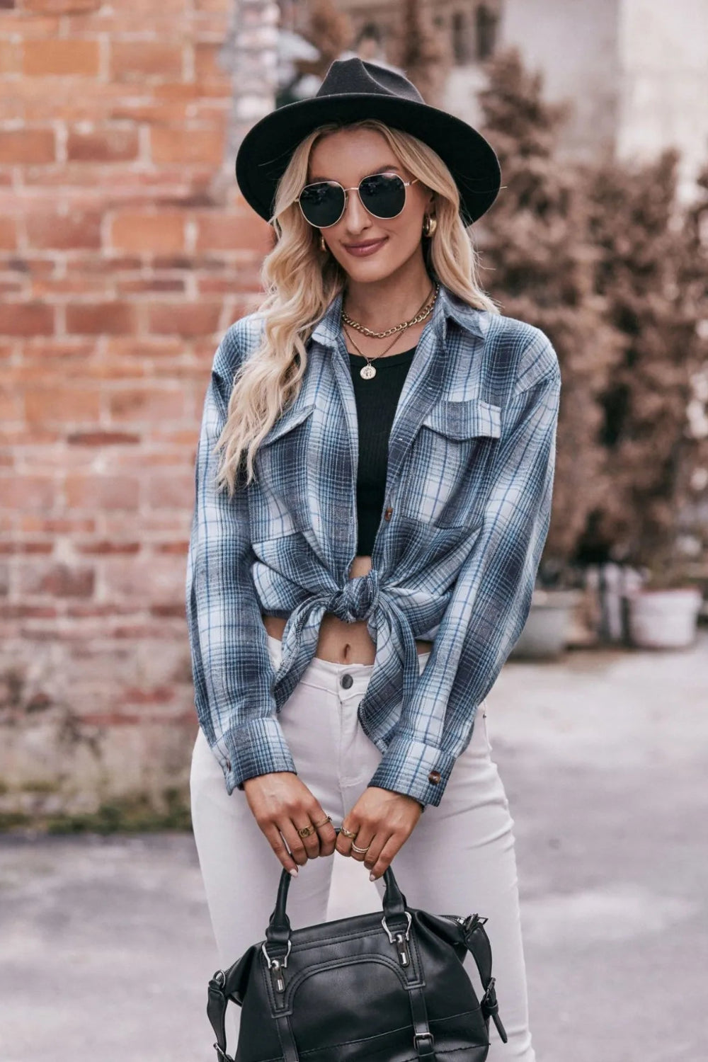 Long sleeve shirt, plaid, collared, pocketed, buttoned, oversized, drop shoulder, no stretch, many colors, front view
