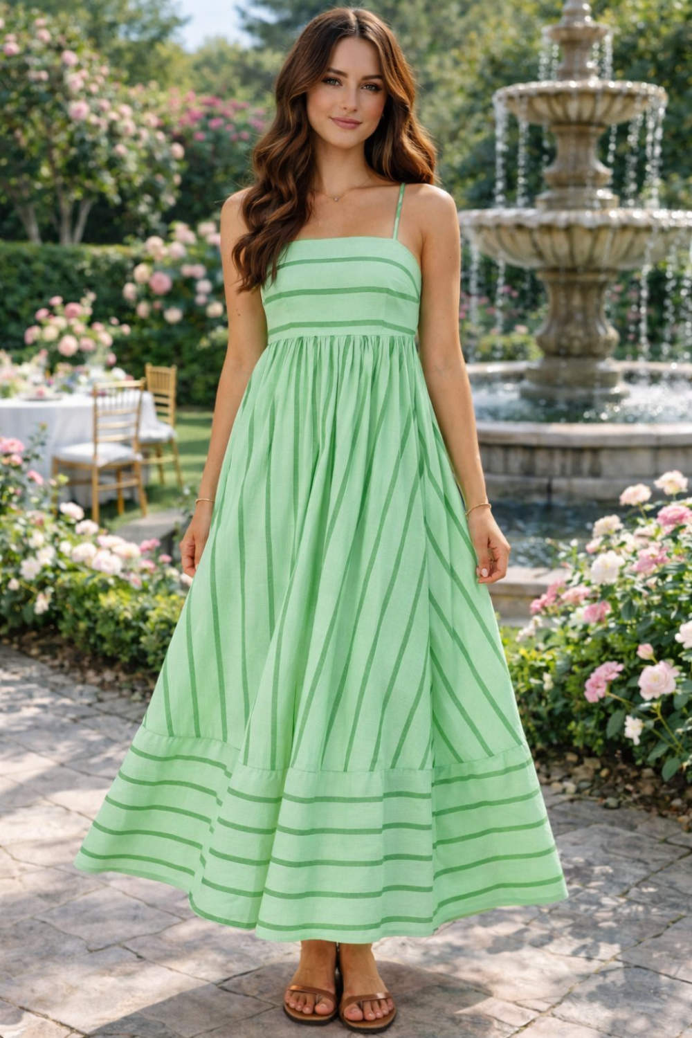 * Midi dress
* Square neck
* Adjustable spaghetti straps
* Unlined
* Peek-a-boo back
* Smocked back
* No stretch