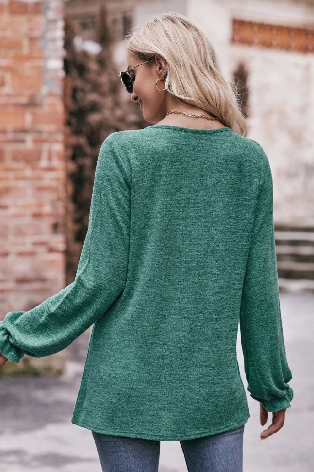 T-shirt, long sleeve, pullover, ruched, round neck, ruffled wrist, long, stretchy, back view