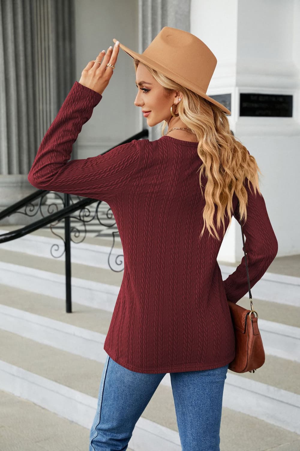 t-shirt, pullover, long sleeve, v-neck, cable-knit, buttoned, opaque, slightly stretchy, back view