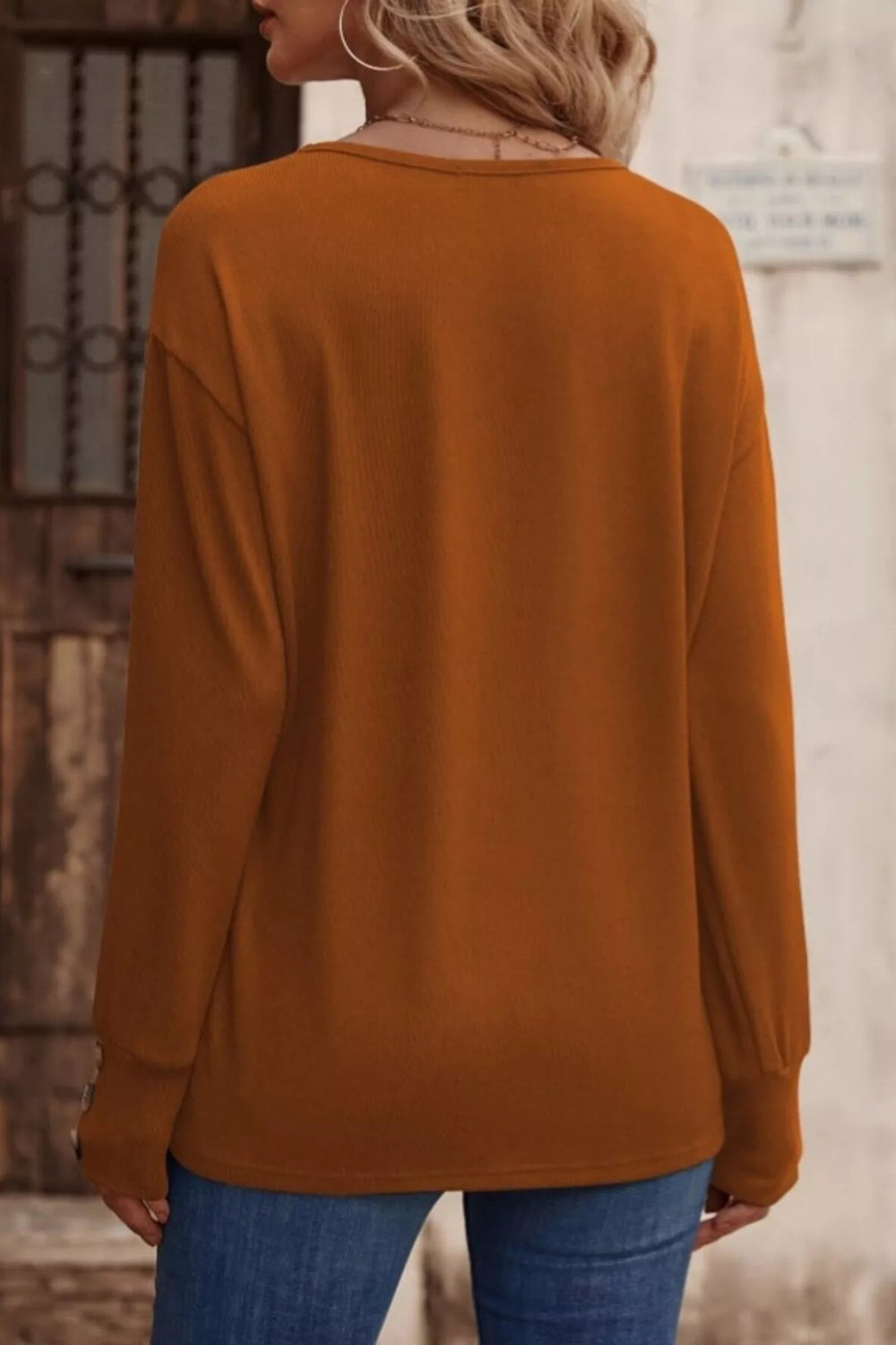 top, long sleeve, drop shoulder, v-neck, pullover, decorative buttons, straight hem, comes in many colors, stretchy, back view